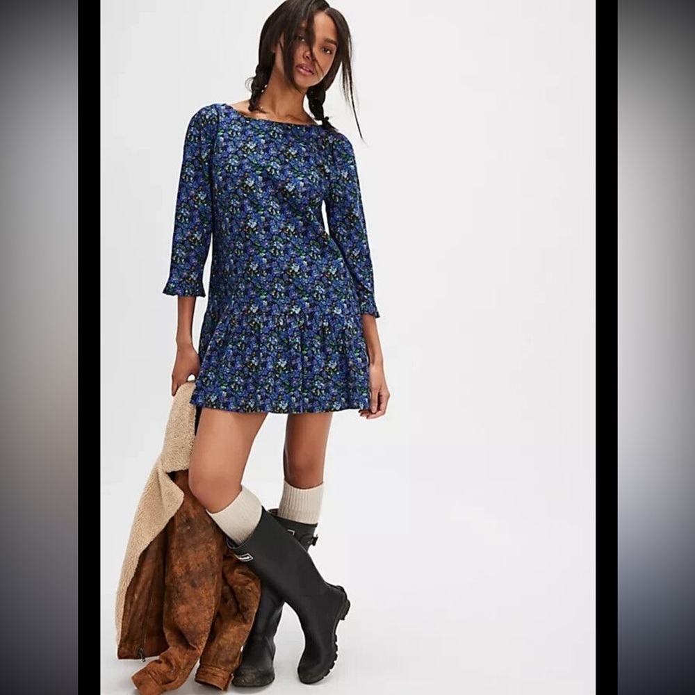 Free People The Avenue Mini Dress Floral Printed Ruffle Cutout Scoop Neck